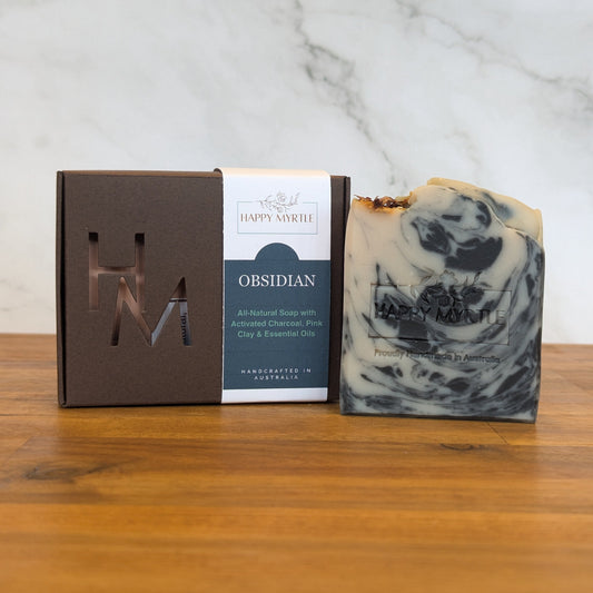 Obsidian natural soap with activated charcoal and pink clay in box