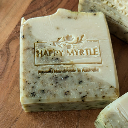 Close up of handmade coconut mint and rosemary soap